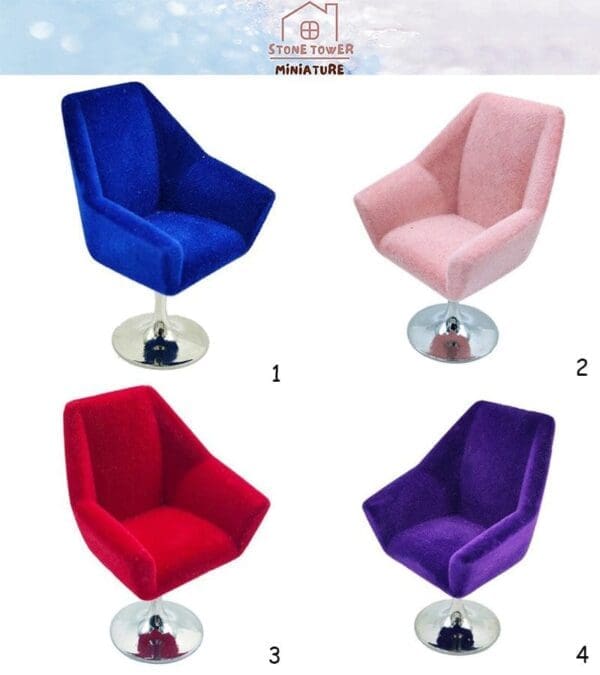 Four miniature velvet chairs in blue, pink, red, and purple on a white background, numbered 1 to 4.