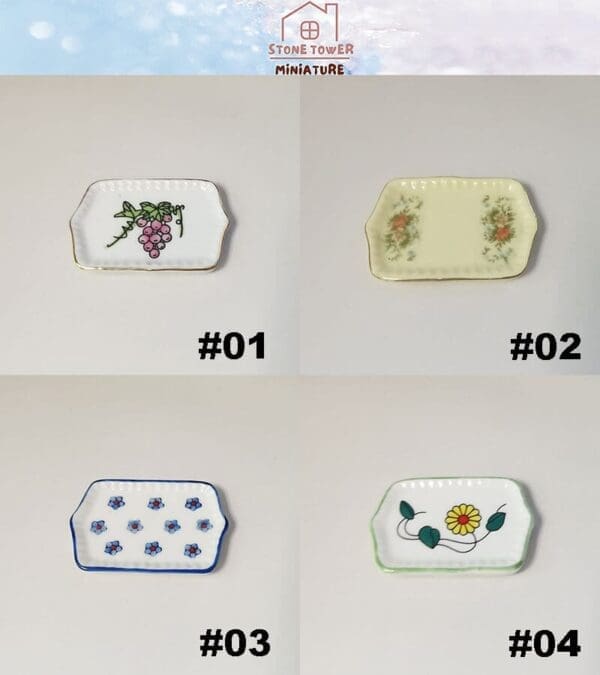 Four miniature ceramic plates with floral and grape designs, labeled #01 to #04 on a white background.