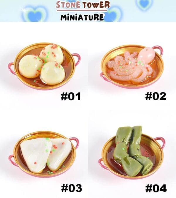 Four miniature food dishes in colorful bowls labeled #01 to #04, resembling dumplings, octopus, tofu, and green rolls.