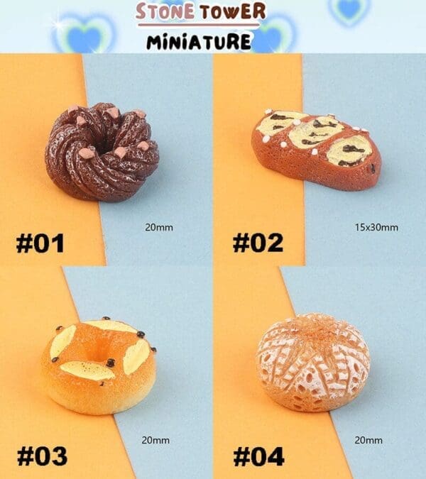 Stone Tower Miniature pastries: four types displayed on orange and blue background with sizes noted.