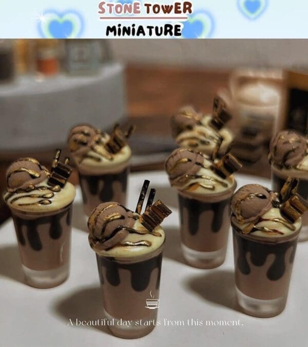 Miniature ice cream desserts in shot glasses with chocolate drizzle and decorations, labeled "Stone Tower Miniature.