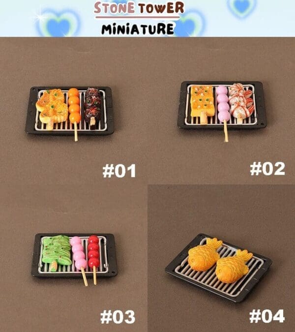 Miniature grilled skewer sets with various colorful foods, labeled #01 to #04, displayed on a brown background.