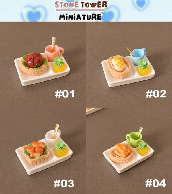 Four miniature food trays with desserts, drinks, and fruit garnishes labeled #01 to #04 on a brown background.