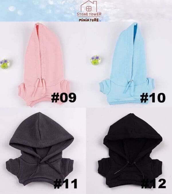 Four miniature hoodies in pink, blue, gray, and black, numbered 09 to 12, displayed on a white background.