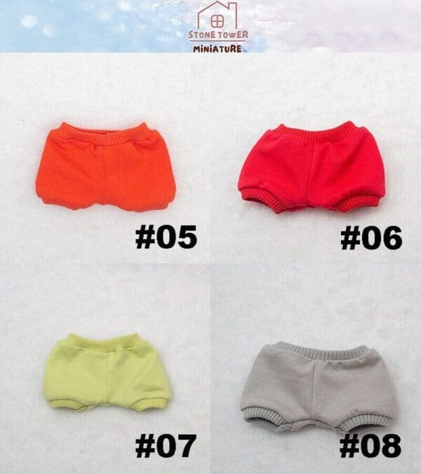 Four miniature shorts in orange, red, green, and gray with labels #05 to #08, displayed on a light background.