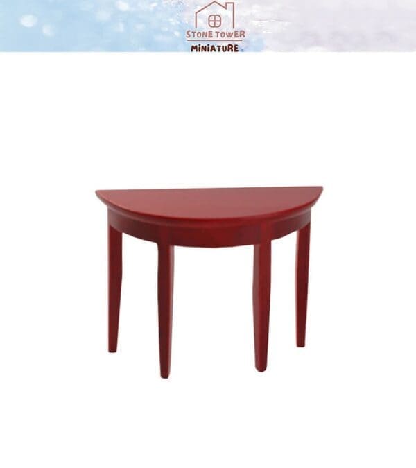 Red semicircular wooden table with four legs, set against a plain background, and a "Stone Tower Miniature" logo above.