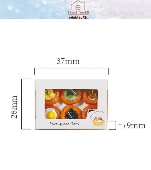 Miniature Portuguese tarts in a box, measuring 37mm by 26mm by 9mm, with assorted toppings visible through a window.