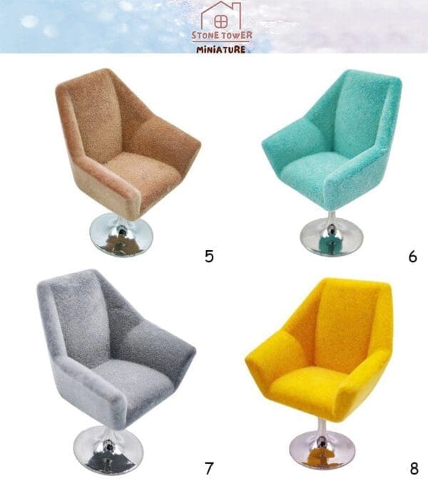 Four colorful, miniature, modern swivel chairs on a white background, numbered 5 to 8.