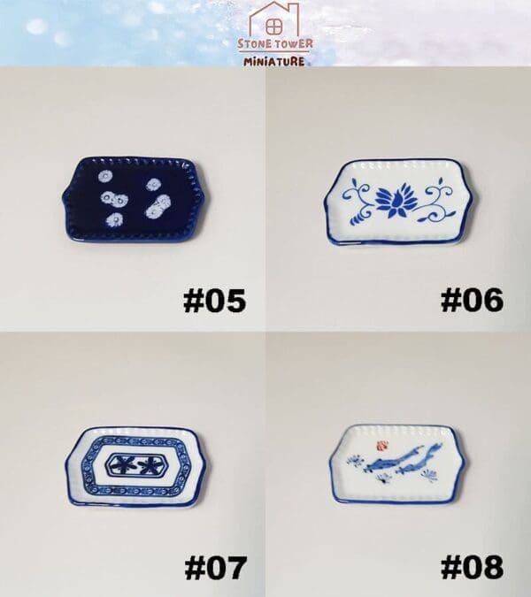 Four rectangular miniature plates with blue and white designs, numbered #05 to #08, displayed in a grid.