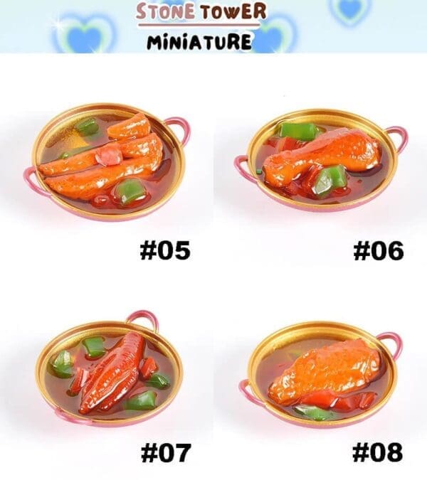 Four miniature dishes with orange food and vegetables inside small round pans, labeled #05 to #08.