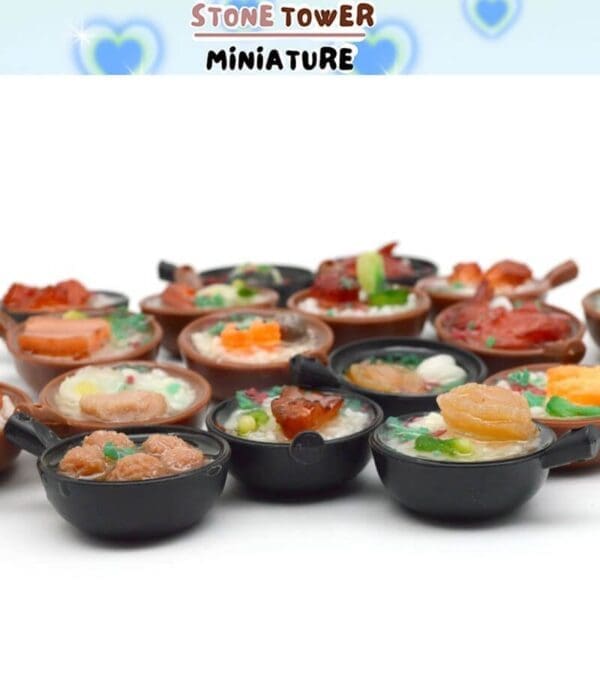 Miniature clay pots of assorted soups with detailed toppings, labeled "Stone Tower Miniature" and heart motifs above.