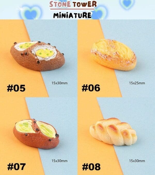 Four miniature bread models labeled #05-#08 on orange and blue background with dimensions.