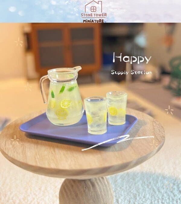 Miniature lemonade set on a wooden table with a blue tray, part of a "Stone Tower Miniature" collection.