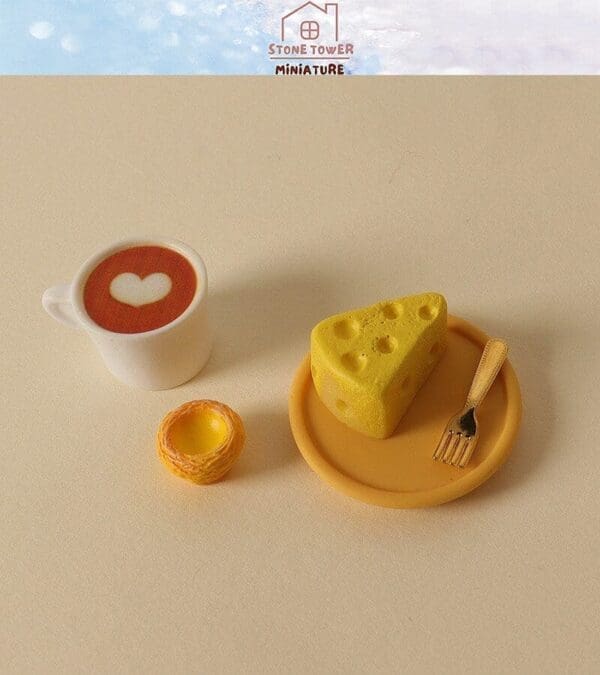 Miniature coffee cup with heart foam, cheese wedge on plate with fork, and small tart on beige background.