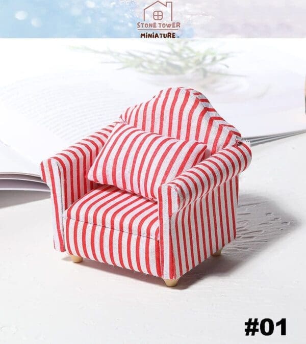 Miniature red and white striped armchair on a light background, labeled #01.