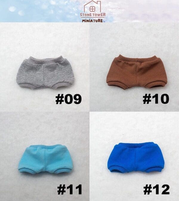 Four miniature shorts: gray (#09), brown (#10), light blue (#11), and royal blue (#12) on a white background.