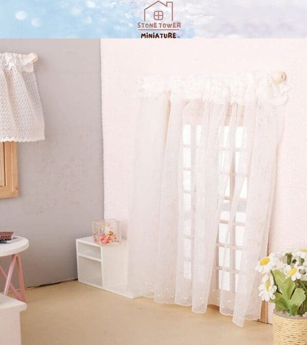 Miniature room with lace curtains, tiny furniture, and a basket of daisies, creating a cozy interior scene.