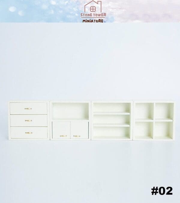 Miniature white furniture set with drawers, cabinets, and shelves against a light background, labeled #02.