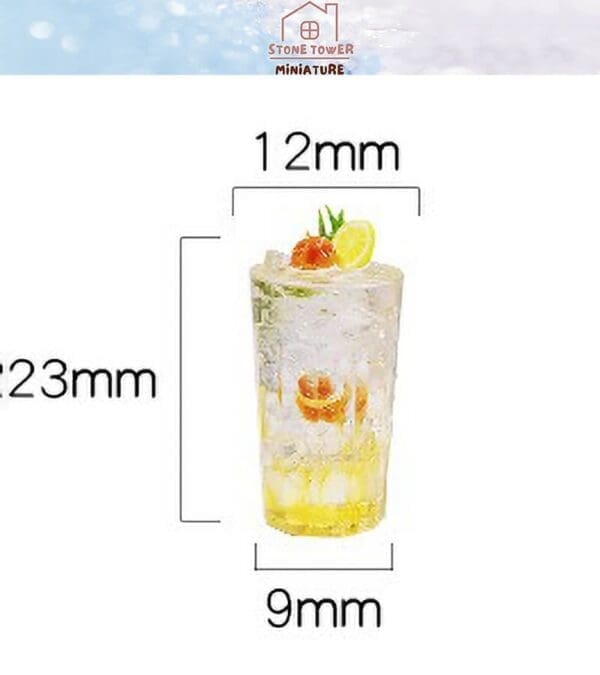 Miniature glass with fruit decoration, 23mm tall, 12mm wide. Stone Tower Miniature logo at the top.