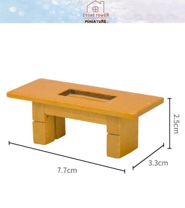 Miniature wooden table with inset, dimensions 7.7x3.3x2.5 cm, under Stone Tower Miniature logo.