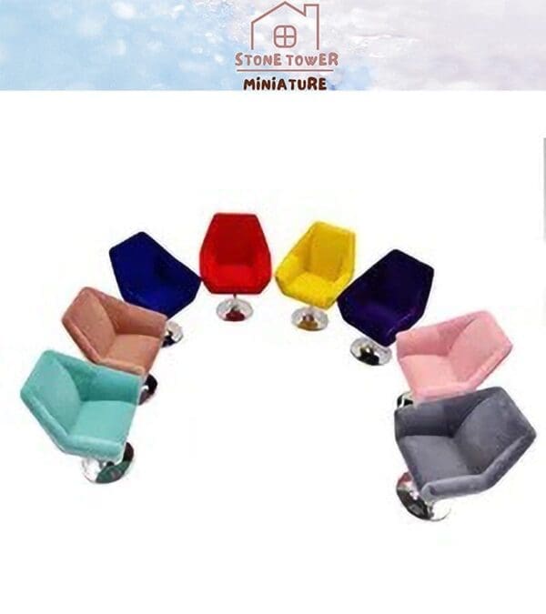 Seven colorful miniature swivel chairs arranged in a circle.