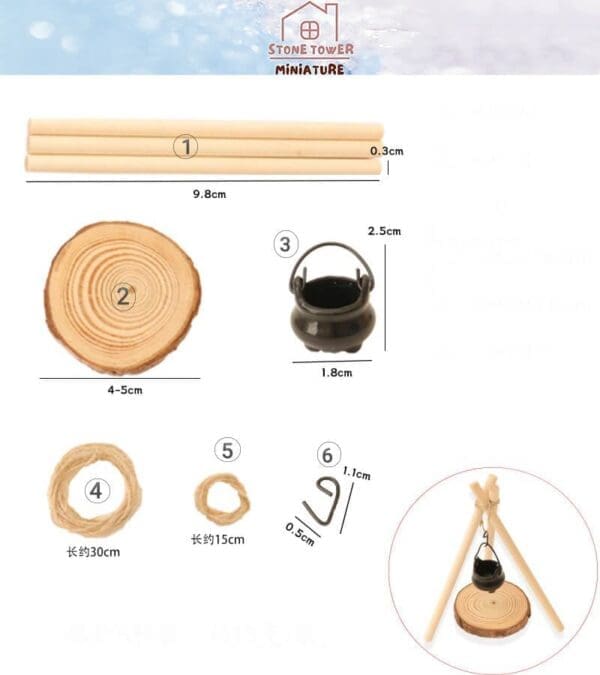 Miniature campfire kit components: wooden rods, wood slice, black pot, rope, and hook with measurements.