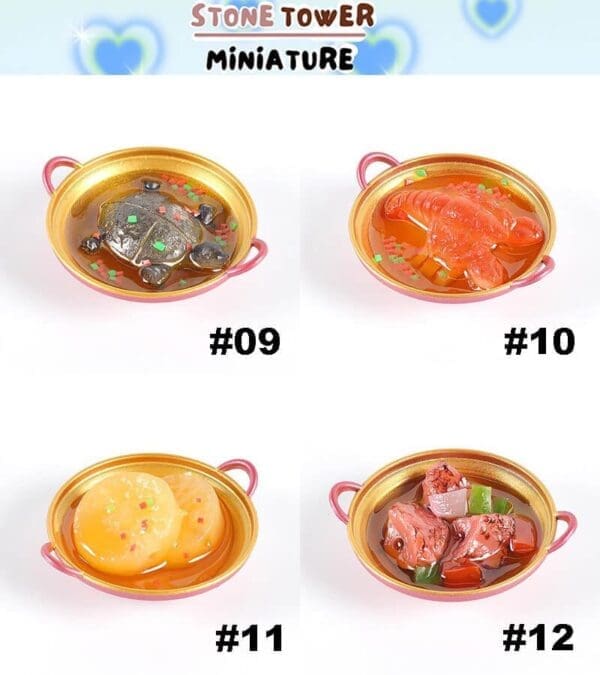 Four miniature dishes: turtle soup #09, lobster dish #10, orange slices #11, and meat stew #12 in small pans.