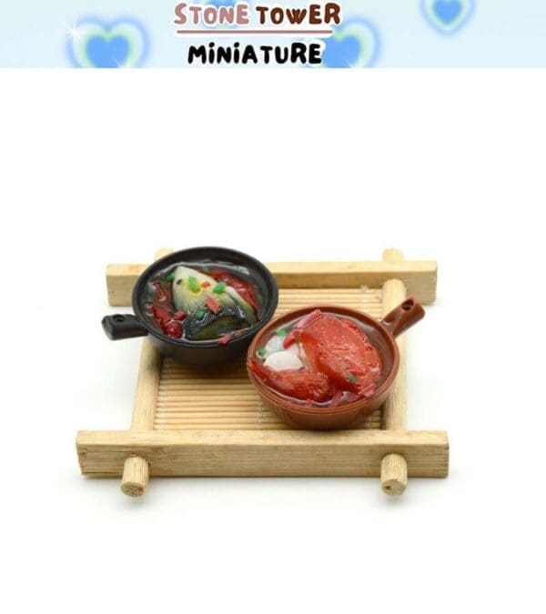 Miniature bowls of colorful food on a wooden tray, with "Stone Tower Miniature" text overhead.