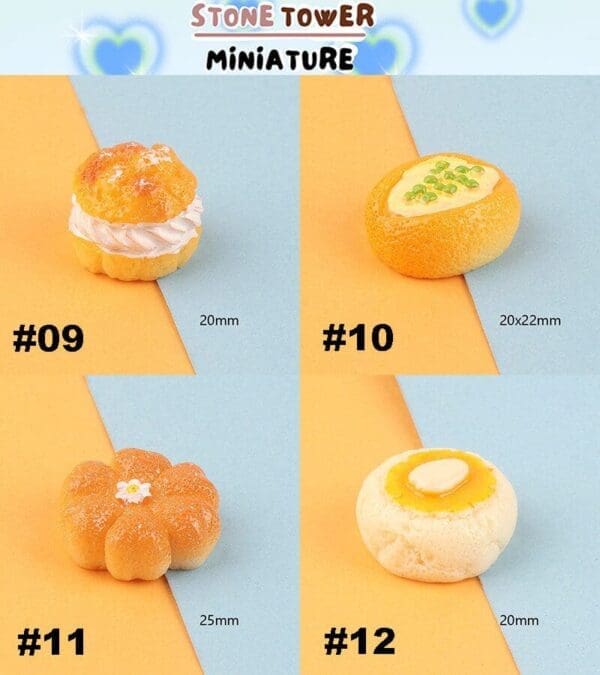 Four miniature pastries displayed with dimensions, labeled #09 to #12, on a two-tone background.