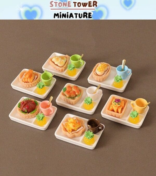 Miniature meal trays with assorted pastries, colorful cups, and garnishes on a brown surface.