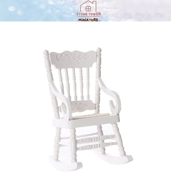 White miniature rocking chair with intricate detailing, designed for dollhouse settings, shown against a white background.