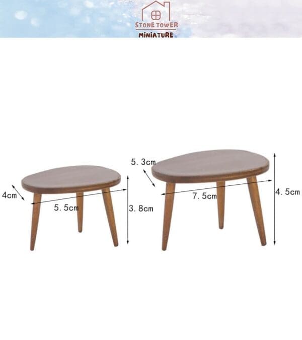 Two brown miniature wooden tables with tapered legs, one 5.5cm wide and the other 7.5cm, both with height dimensions.