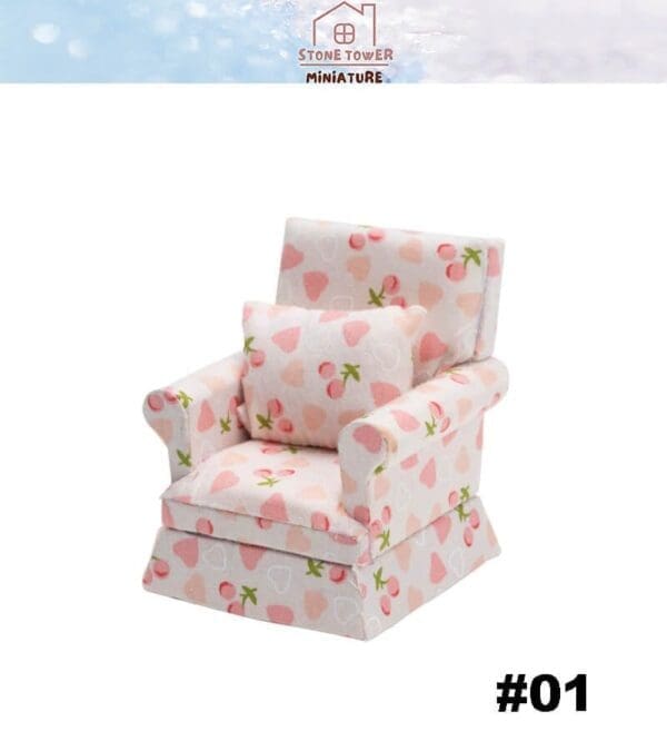 Miniature armchair with pink and peach heart pattern, labeled #01, against a white background.