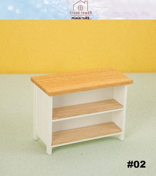 Miniature wooden shelf unit with two shelves on a light background, marked with #02.