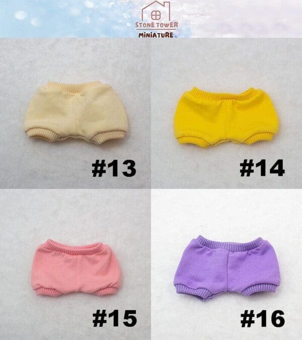 Four miniature shorts in beige, yellow, pink, and purple, labeled #13 to #16, from Stone Tower Miniature.