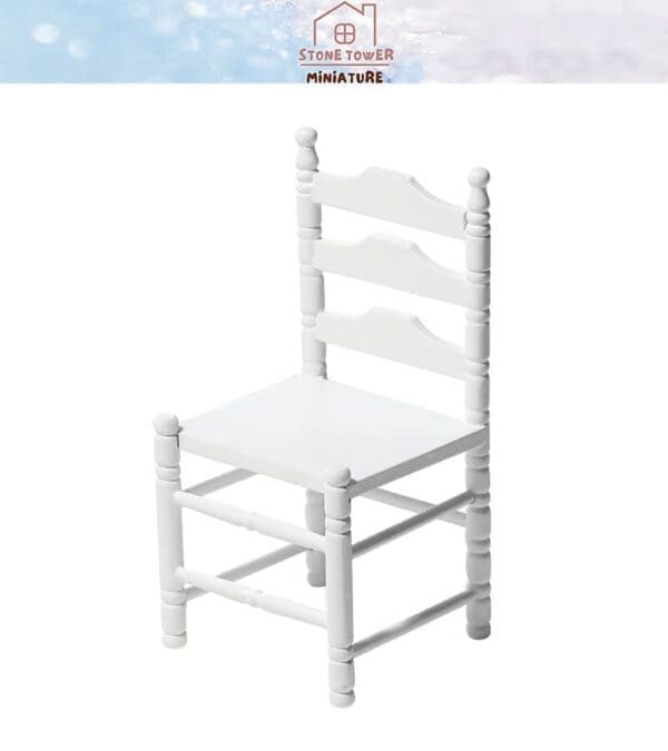 White miniature wooden chair on a white background, showcasing three vertical slats on the backrest.