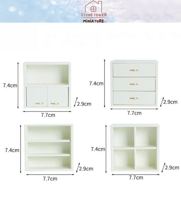 Four miniature white storage units with drawers and shelves, all measuring 7.7cm wide, 7.4cm tall, and 2.9cm deep.