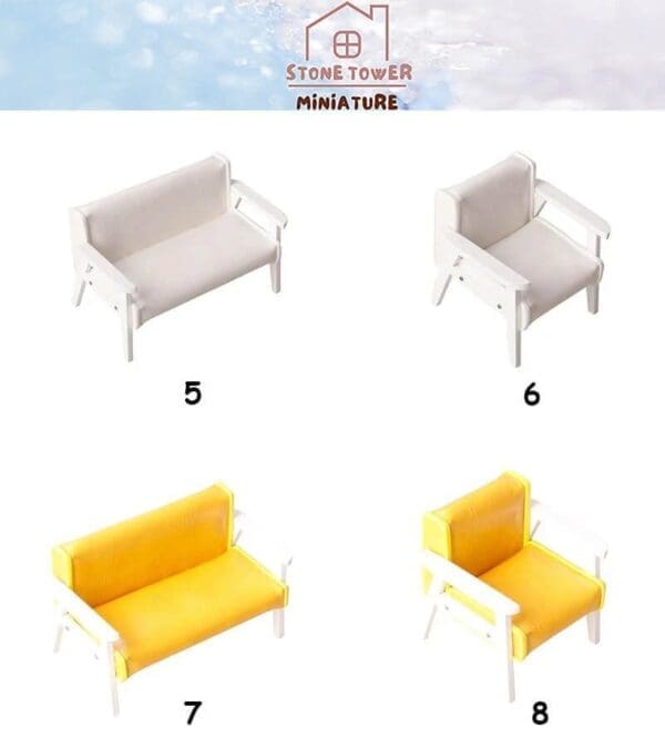 Miniature white and yellow sofas and armchairs displayed with numbers 5 to 8.