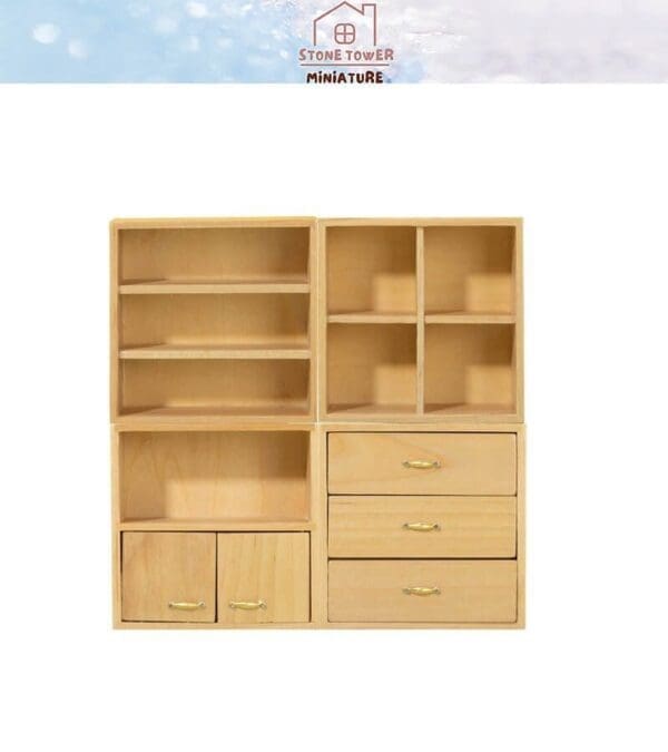 Wooden miniature shelf unit with drawers and compartments, ideal for dollhouses or decorative display.