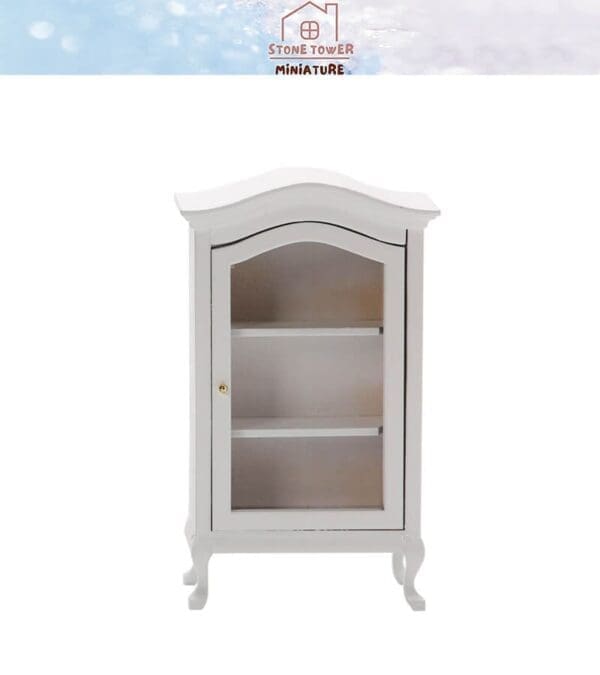 White miniature cabinet with two shelves and a glass door, featuring ornate legs and a curved top.