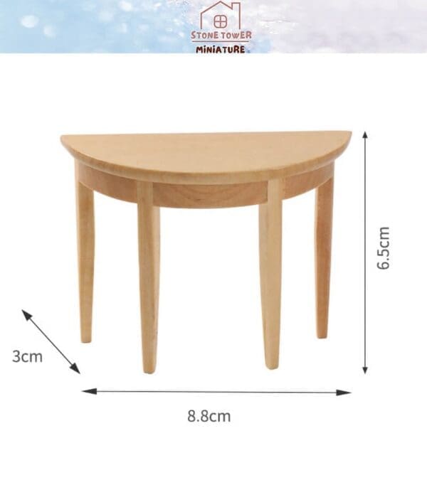 Miniature wooden half-circle table, 8.8cm wide, 3cm deep, and 6.5cm tall, under a blue sky-themed background.