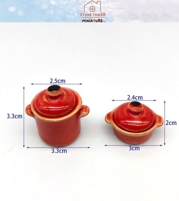 Two red miniature ceramic pots with lids, labeled dimensions: 3.3cm and 3cm width.