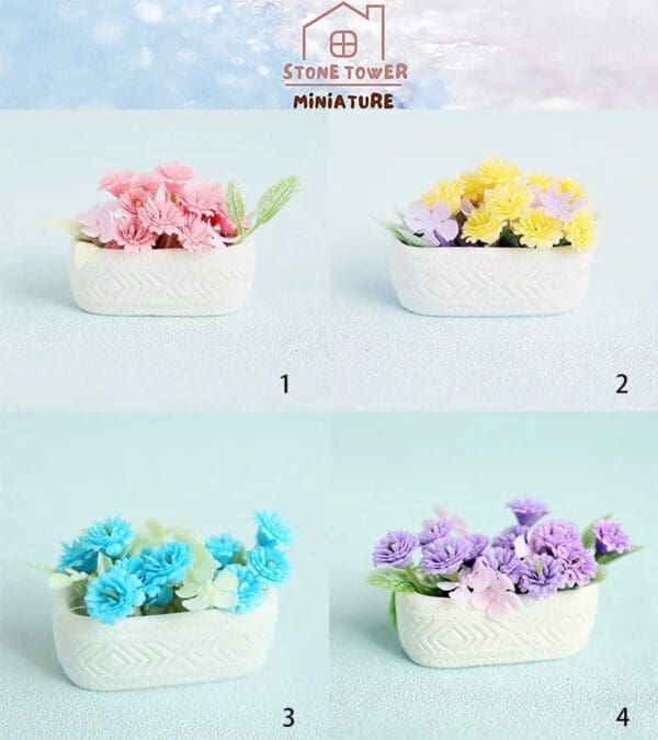 Miniature flower arrangements in textured white pots: pink (1), yellow and purple (2), blue (3), and purple (4).