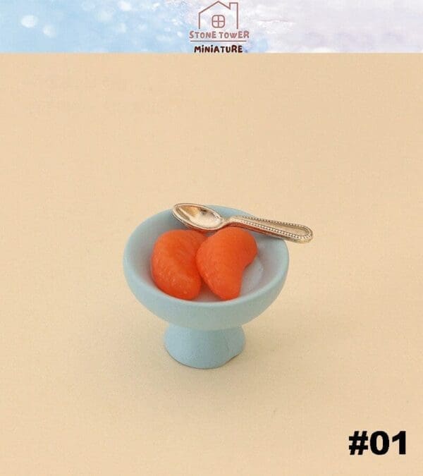 Miniature blue bowl with two orange shrimp and a tiny spoon, labeled #01.