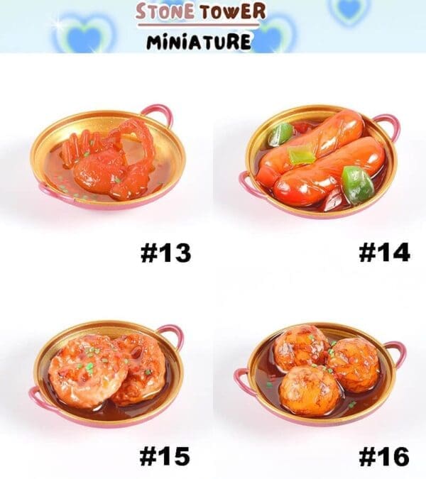 Miniature food models: shrimp, sausages with peppers, donut-shaped items, and three glazed balls in small pans, numbered 13-16.