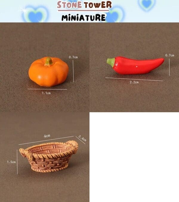 Miniature pumpkin, red chili, and woven basket with measurements from Stone Tower Miniature collection.