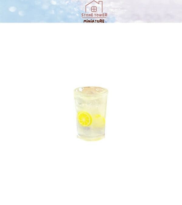 Miniature glass of lemonade with lemon slices and ice cubes on a white background.