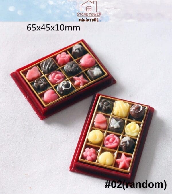 Miniature chocolates in a red tray, assorted pink and brown designs. Size: 65x45x10mm, labeled #02(random).