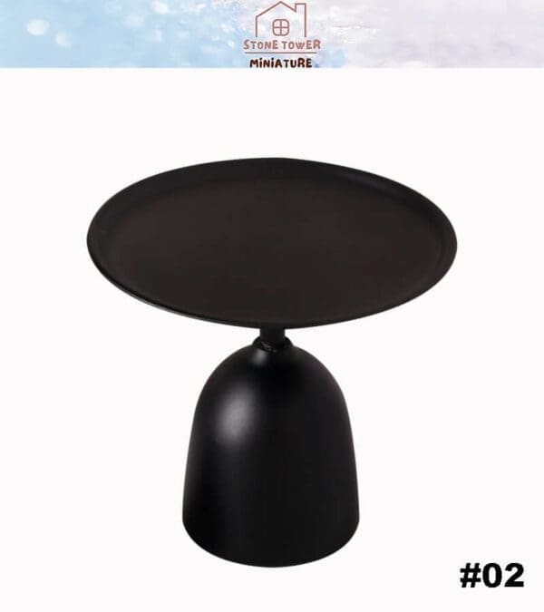 Black round miniature table with a conical base, labeled #02, on a light background.