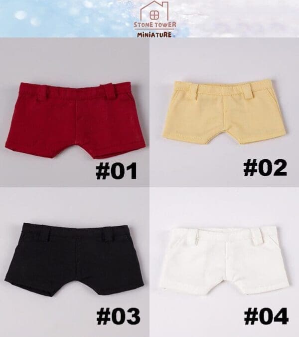 Four miniature shorts in red, yellow, black, and white labeled #01 to #04.